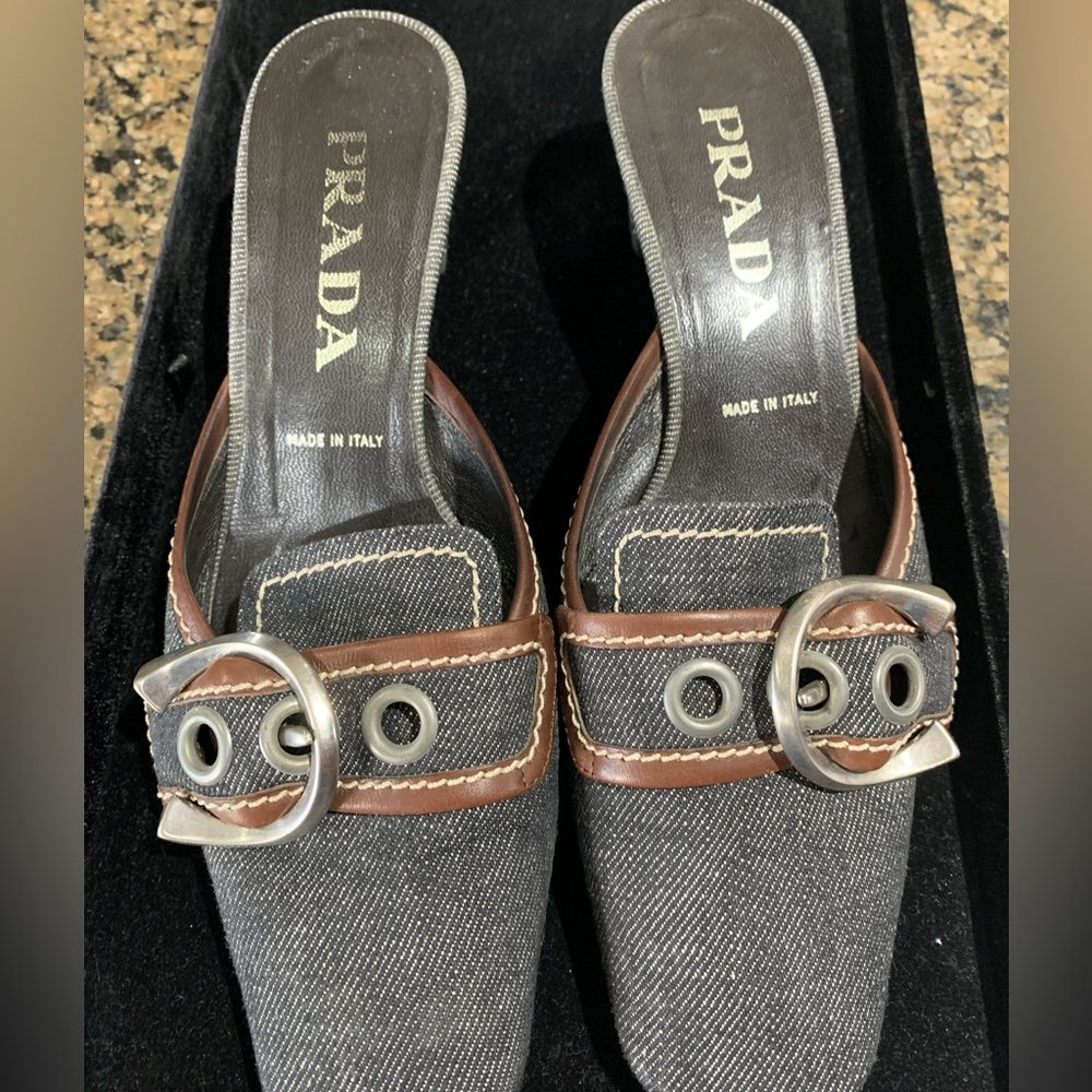 PRADA mules Style 1R1830 In Jeans Natural Nero-Caffe with box